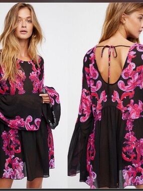 Free People Black Mini Dress with Pink Paisley Print and Open Back